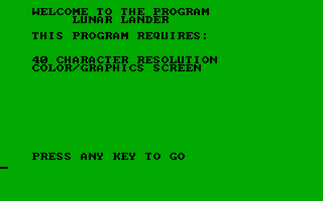 Rocket Lander IBM PC/Compatibles Screenshot: Welcome to Lunar Lander!
