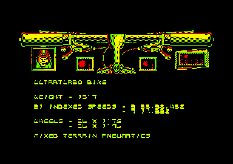Mountain Bike Racer Amstrad CPC Screenshot: Equipment information.