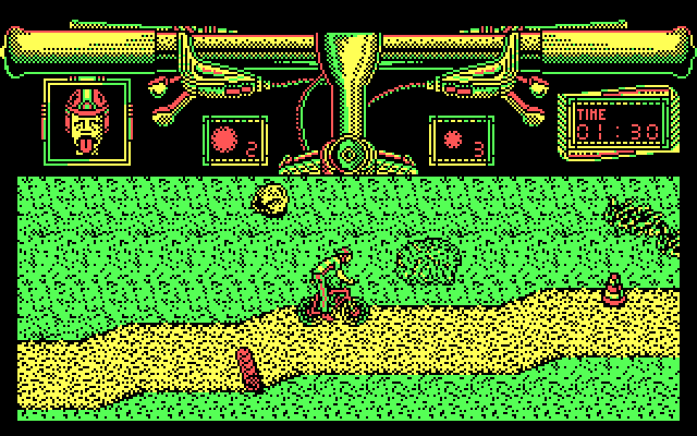 Mountain Bike Racer IBM PC/Compatibles Screenshot: Logs and traffic cones get in the way here.