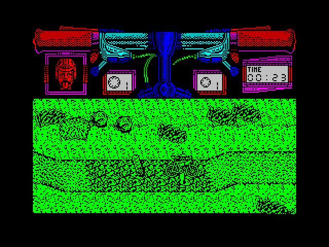 Mountain Bike Racer ZX Spectrum Screenshot: Carrying my bike across some rough terrain.