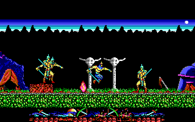 Genghis Khan IBM PC/Compatibles Screenshot: Jump over the fires.