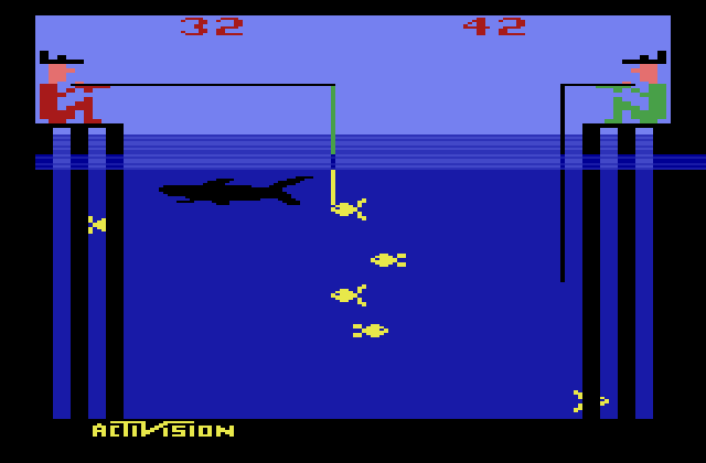 Fishing Derby Atari 2600 Screenshot: Fish near the surface aren't worth many points.