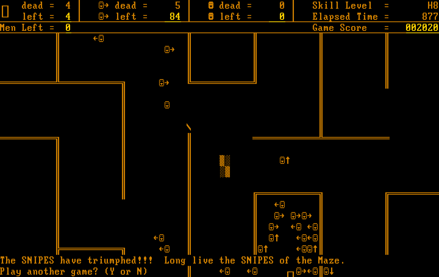 Snipes IBM PC/Compatibles Screenshot: Game over.