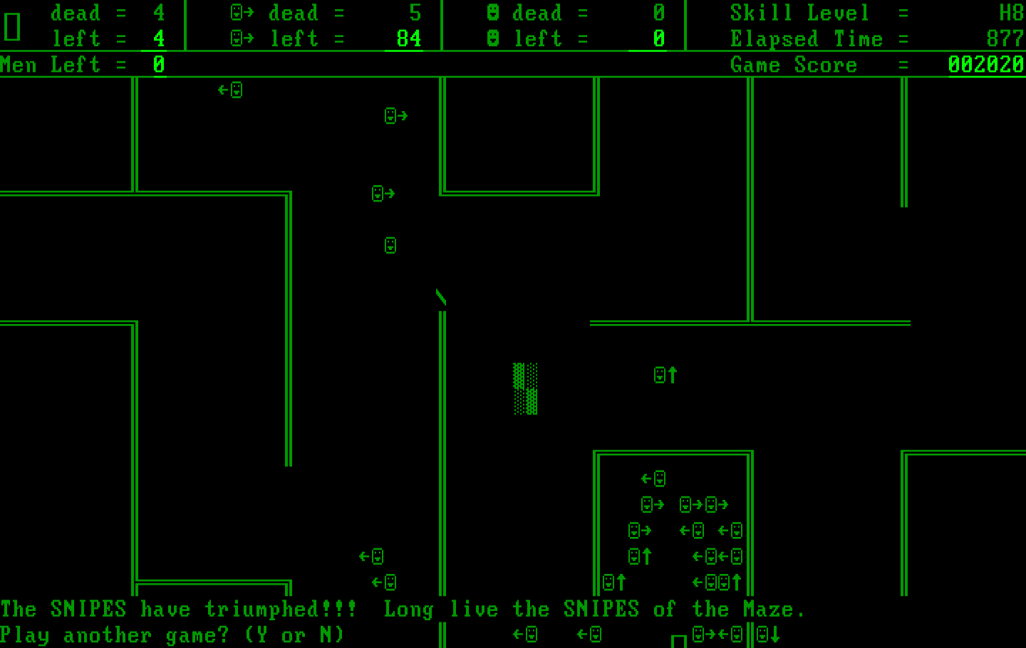 Snipes IBM PC/Compatibles Screenshot: Game over.