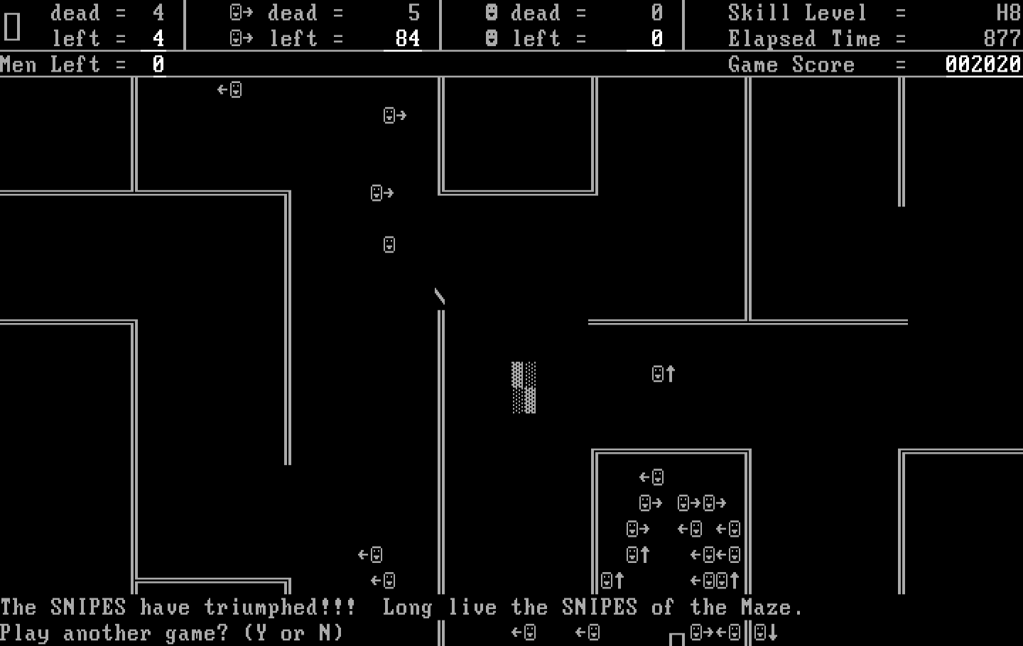 Snipes IBM PC/Compatibles Screenshot: Game over.