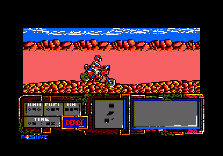 African Trail Simulator Amstrad CPC Screenshot: Racing over over hilly terrain...