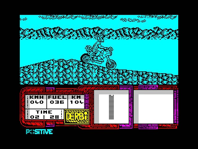 African Trail Simulator ZX Spectrum Screenshot: On top of a hill again; don't crash on the way back down!