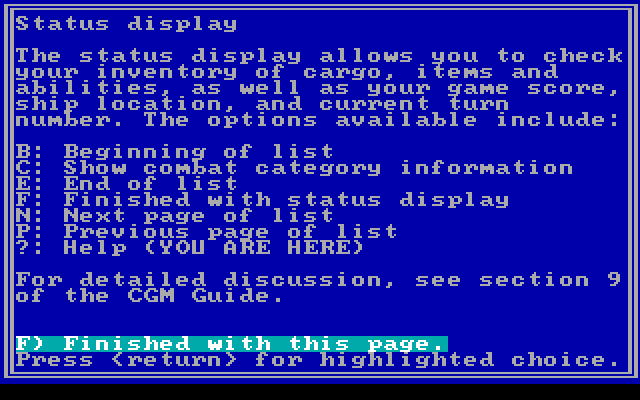 Star Saga: One - Beyond the Boundary IBM PC/Compatibles Screenshot: Status display help screen.