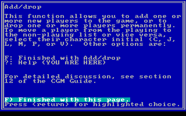 Star Saga: One - Beyond the Boundary IBM PC/Compatibles Screenshot: Help screen for character selection.