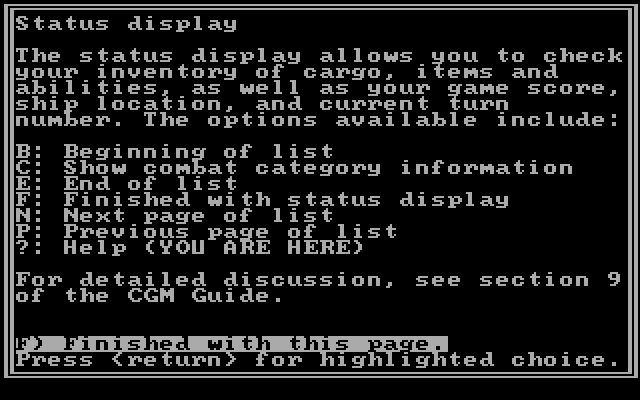 Star Saga: One - Beyond the Boundary IBM PC/Compatibles Screenshot: Status help screen...
