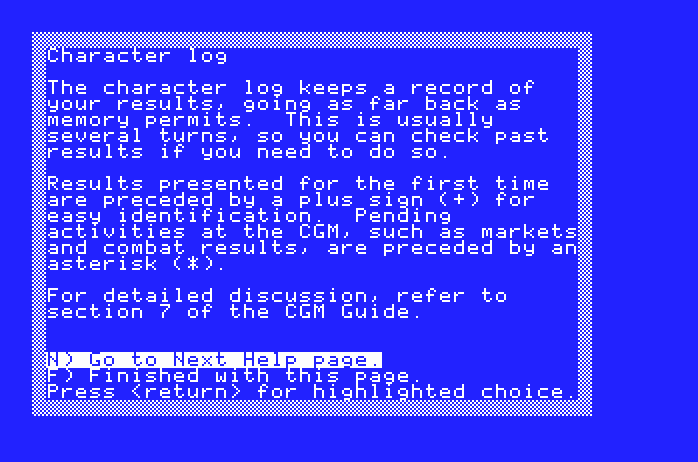 Star Saga: One - Beyond the Boundary Apple IIgs Screenshot: The character log help screen.