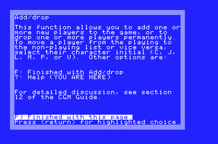 Star Saga: One - Beyond the Boundary Apple IIgs Screenshot: The Add/Drop help page.