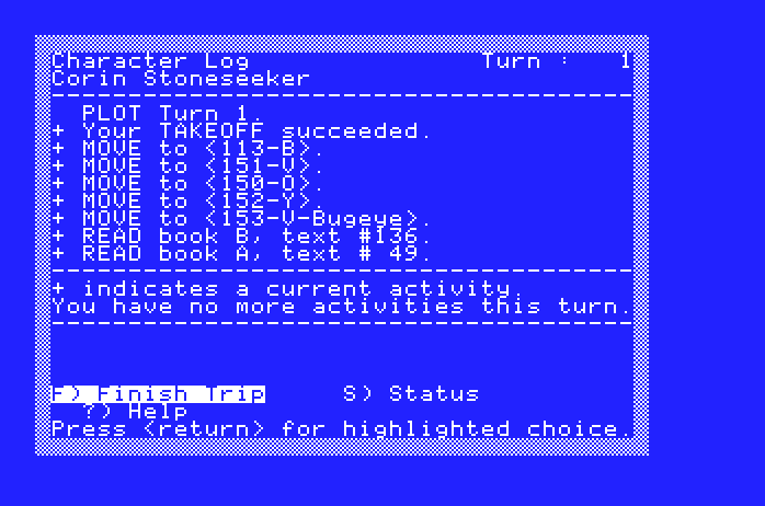 Star Saga: One - Beyond the Boundary Apple IIgs Screenshot: Character log.