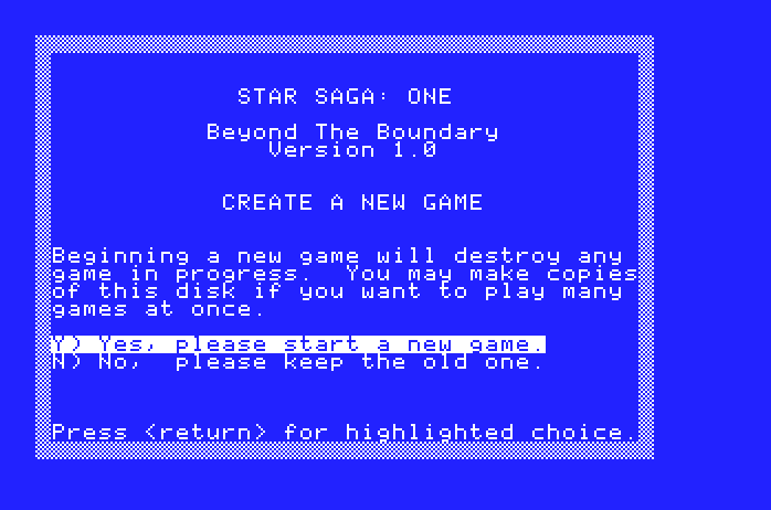 Star Saga: One - Beyond the Boundary Apple IIgs Screenshot: Begin a new game? This will overwrite any games in progress...