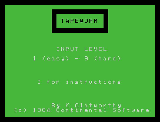 Tapeworm Memotech MTX Screenshot: Title screen.
