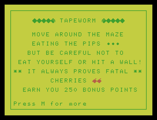 Tapeworm Memotech MTX Screenshot: Game instructions, part 1.