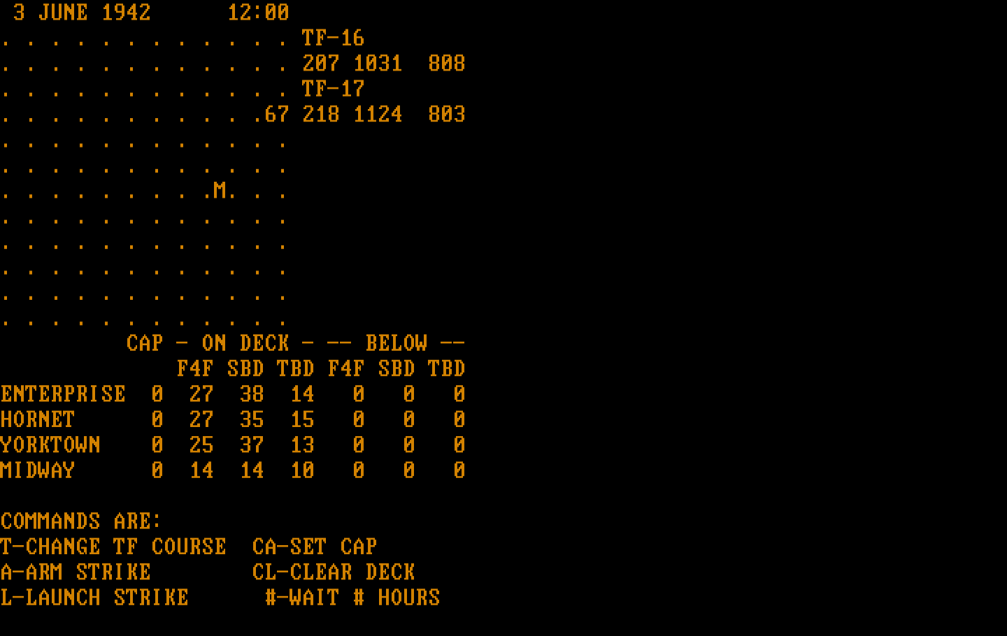 Midway Campaign IBM PC/Compatibles Screenshot: Command summary.