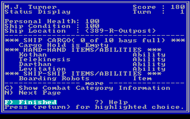 Star Saga: Two - The Clathran Menace IBM PC/Compatibles Screenshot: Status screen.