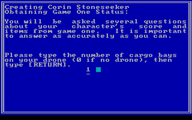Star Saga: Two - The Clathran Menace IBM PC/Compatibles Screenshot: Characters from the first game are imported by entering information about them.