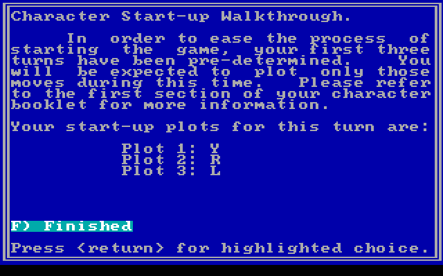 Star Saga: Two - The Clathran Menace IBM PC/Compatibles Screenshot: Character startup walkthrough screen.