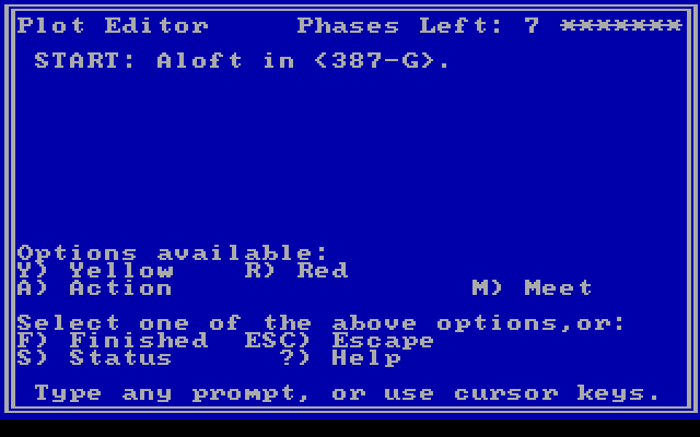 Star Saga: Two - The Clathran Menace IBM PC/Compatibles Screenshot: Plot editor; select options...