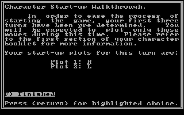 Star Saga: Two - The Clathran Menace IBM PC/Compatibles Screenshot: Character startup walkthrough screen.