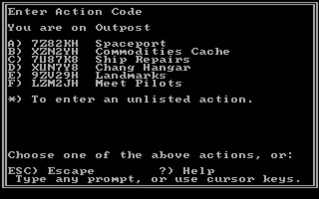 Star Saga: Two - The Clathran Menace IBM PC/Compatibles Screenshot: Enter an action code.