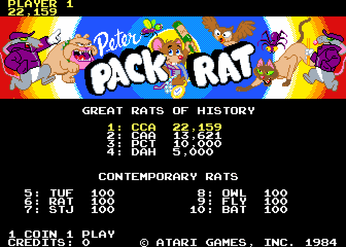 Peter Pack Rat Arcade Screenshot: Title screen and high scores.