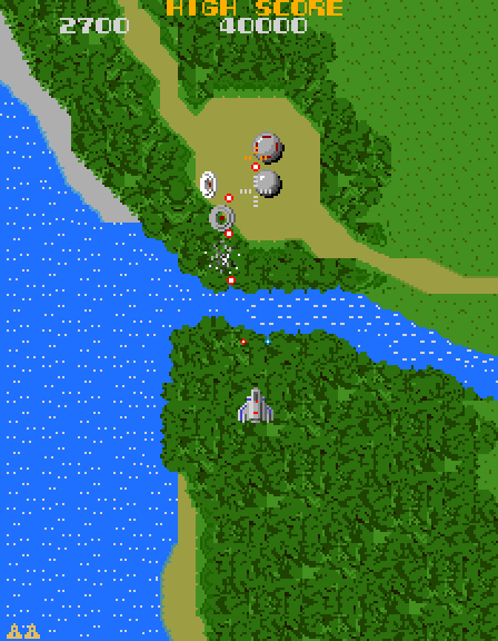 Super Xevious Arcade Screenshot: Shooting incoming fighters.