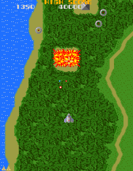 Super Xevious Arcade Screenshot: A pair of ground targets destroyed!