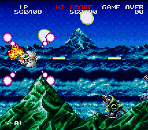 Darius Twin Super NES Screenshot: Watch out for those guns on the ground...