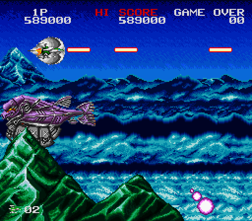 Darius Twin Super NES Screenshot: Almost destroyed by a mini-boss...!