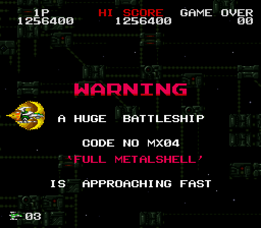 Darius Twin Super NES Screenshot: Warning; A huge battleship - Full Metalshell - is approaching fast!