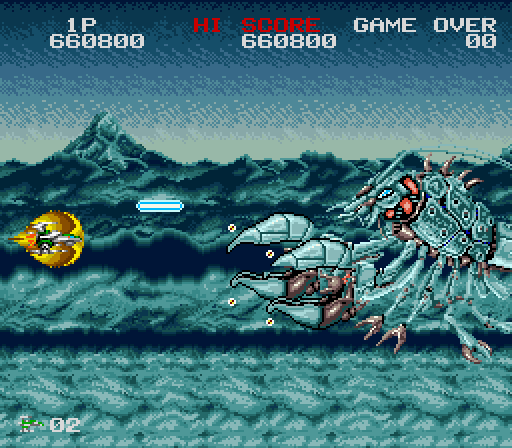 Darius Twin Super NES Screenshot: Dual Shears makes another appearance; enemy colors may vary depending on the zone.