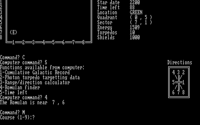 NewTrek IBM PC/Compatibles Screenshot: Using the computer to navigate.