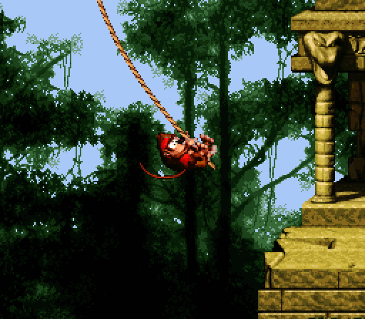 Donkey Kong Country Super NES Screenshot: Swinging on a rope Jungle Hunt style!