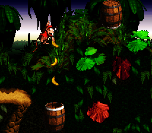 Donkey Kong Country Super NES Screenshot: These barrels can shoot your characters all over the screen!