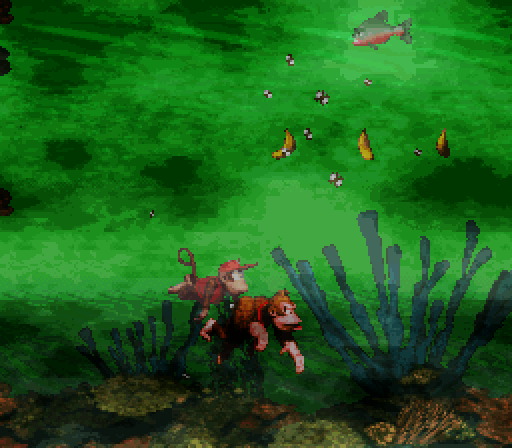 Donkey Kong Country Super NES Screenshot: The water sure is murky here.