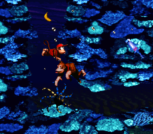 Donkey Kong Country Super NES Screenshot: Swimming through icy waters as octupses chase me!