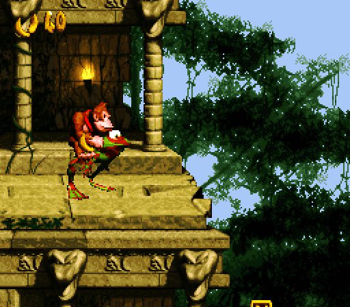 Donkey Kong Country Super NES Screenshot: The frog helps you jump over this gap.
