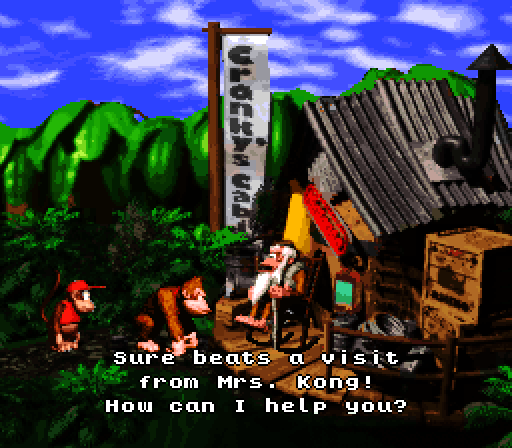 Donkey Kong Country Super NES Screenshot: Cranky can sometimes provide you hints.