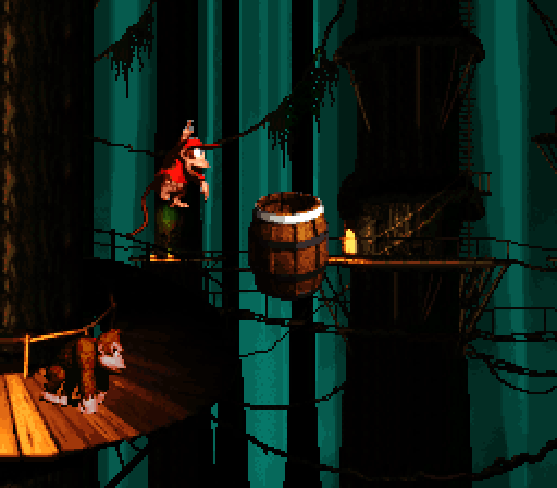 Donkey Kong Country Super NES Screenshot: Leaping into a barrel...