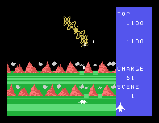 Exerion Sega SG-1000 Screenshot: Blasting an enemy formation.