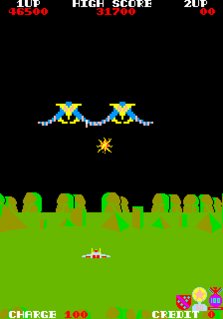 Exerion Arcade Screenshot: These large enemies take multiple hits to destroy.