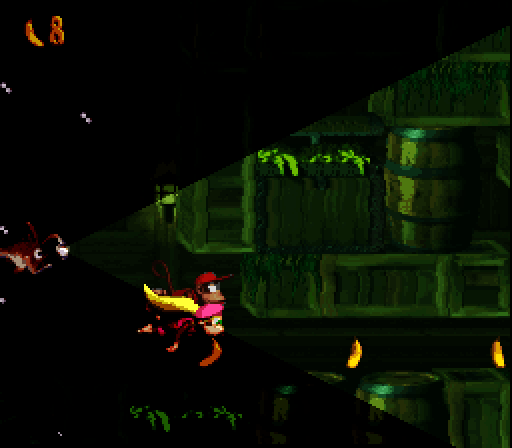 Donkey Kong Country 2: Diddy's Kong Quest Super NES Screenshot: It's dark here, but that fish with the light will help me out.