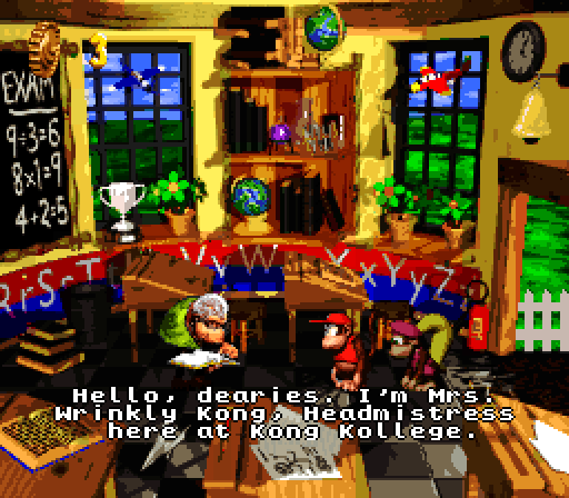 Donkey Kong Country 2: Diddy's Kong Quest Super NES Screenshot: Visiting the Kong school.