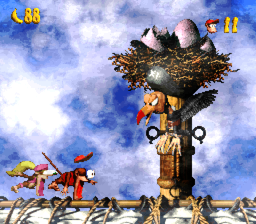 Donkey Kong Country 2: Diddy's Kong Quest Super NES Screenshot: Yikes! It's the first end of level boss.