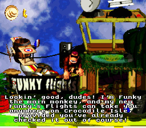 Donkey Kong Country 2: Diddy's Kong Quest Super NES Screenshot: Funky's Flights allows you to easily revisit levels.