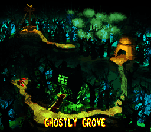 Donkey Kong Country 2: Diddy's Kong Quest Super NES Screenshot: The Ghostly Grove is first.