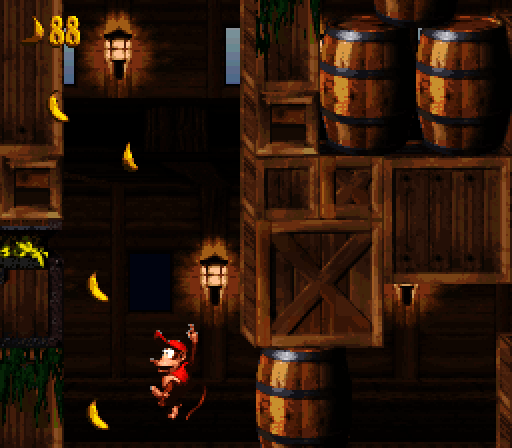 Donkey Kong Country 2: Diddy's Kong Quest Super NES Screenshot: Catch bananas when falling!